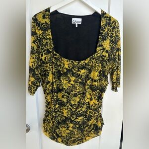 Ganni size 20 (EU size 50) Yellow Rose Mesh Ruched Fitted Blouse Going Out Party